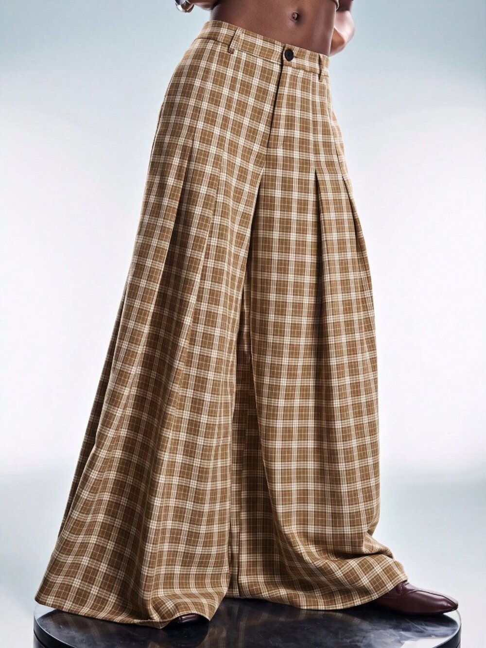 Multicolor Casual Women's Plaid Loose Wide Leg Long Pants - Picture 5 of 6